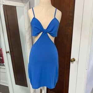 Divided Blue Bodycon Dress with Cut-Out and Plunge Neckline